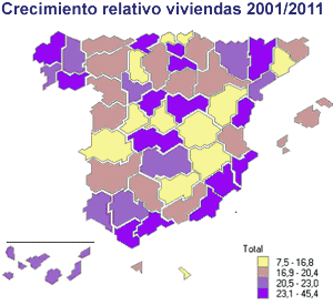 Mapa de Espaa: Crecimiento relativo de poblacin
por provincias entre 2001 y 2011
