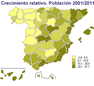 Mapa de Espaa: Crecimiento relativo de poblacin
por provincias entre 2001 y 2011